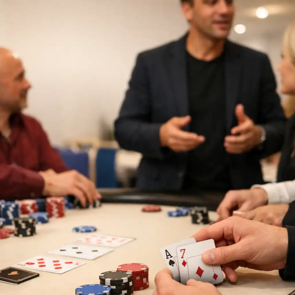 Dłonie gości przy fizycznym stole z kartami i żetonami podczas Casino Night