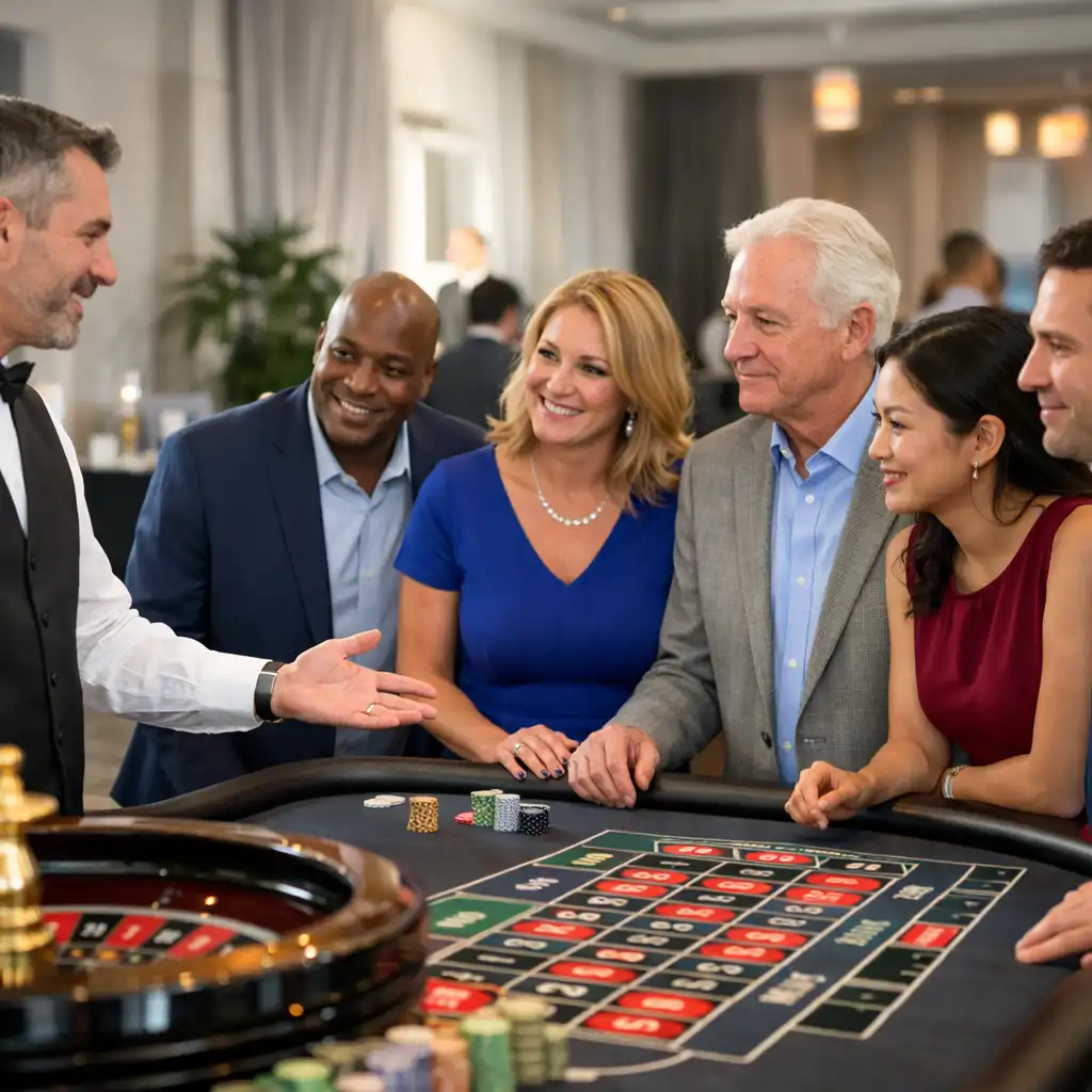 Prowadzący przy stole ruletki rozmawia z gośćmi podczas firmowego Casino Night