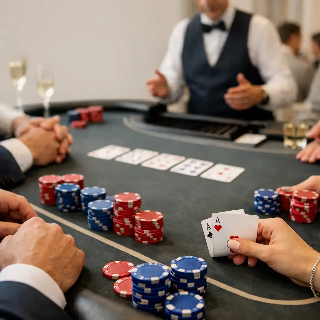 Dłonie uczestników przy stole pokerowym podczas wydarzenia offline, z kartami i kolorowymi żetonami