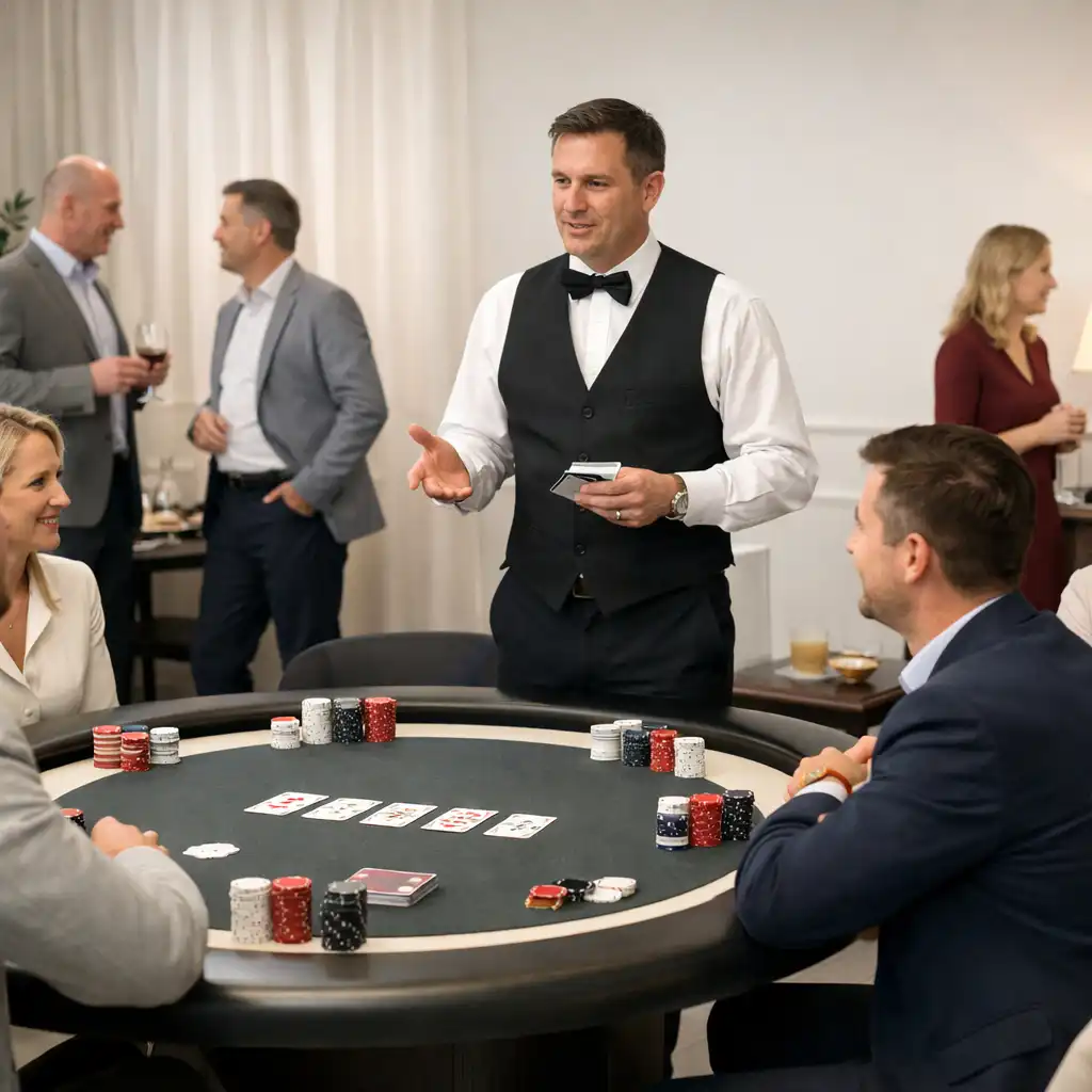Card lounge z uczestnikami firmowego wydarzenia i prowadzącym przy stole