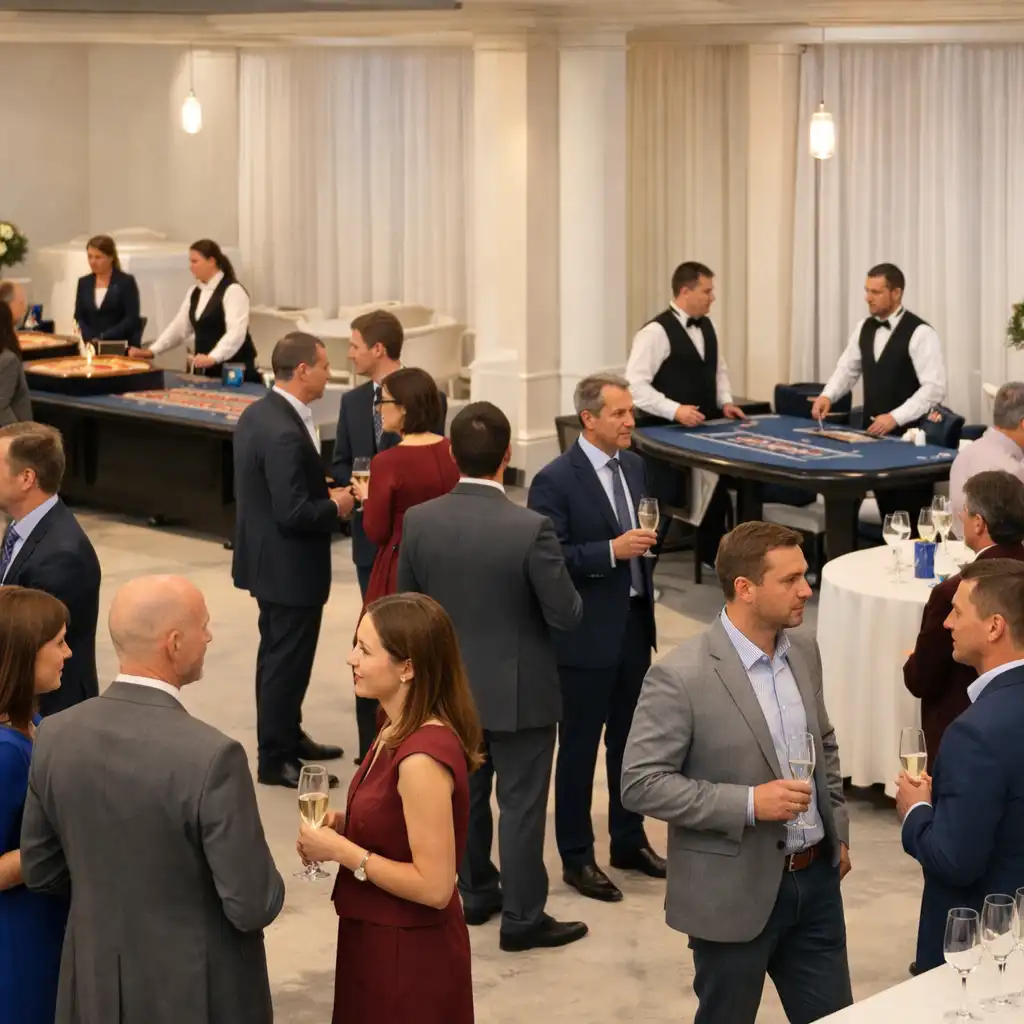 Goście rozmawiający wokół fizycznych stref aktywności podczas corporate eventu