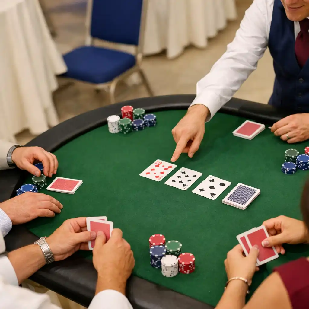 Dłonie uczestników i prowadzącego przy stole Casino Night podczas wydarzenia