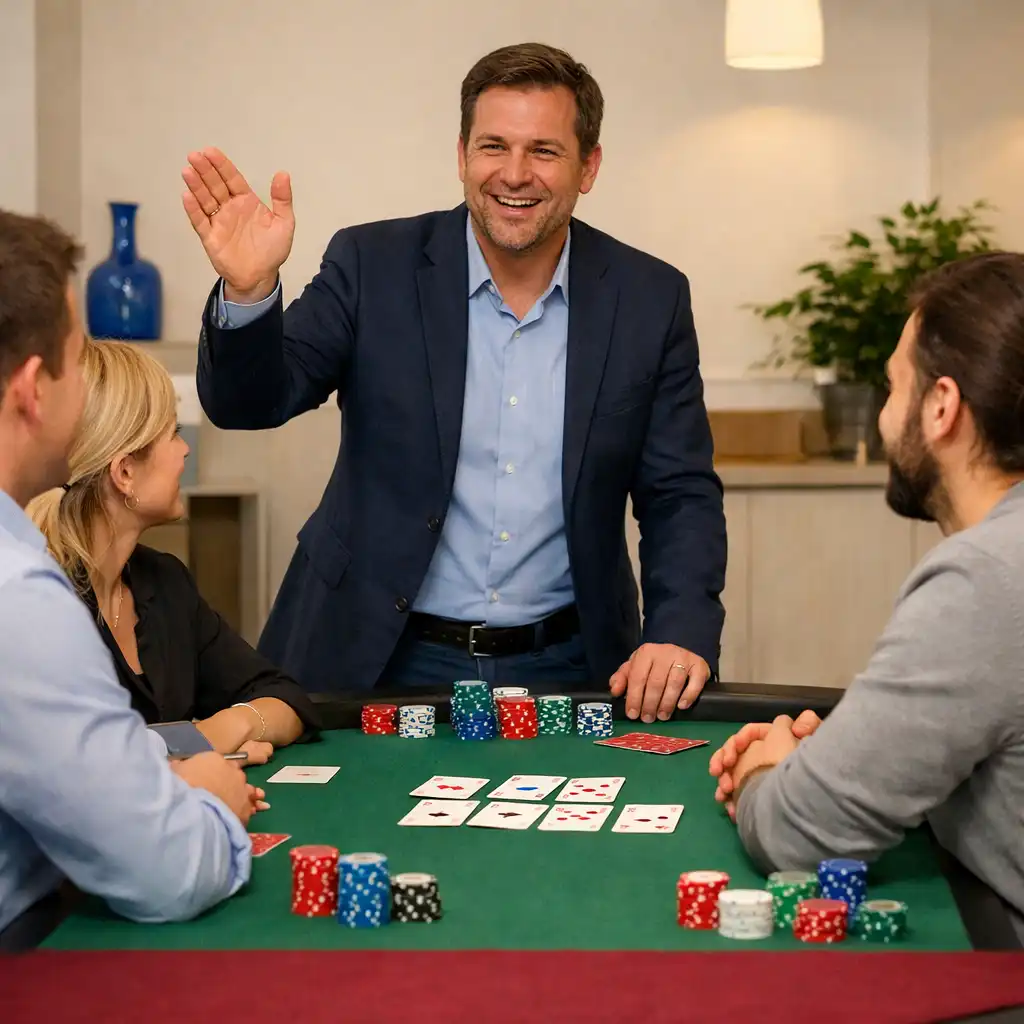 Uczestnicy Poker Event przy stole z prowadzącym