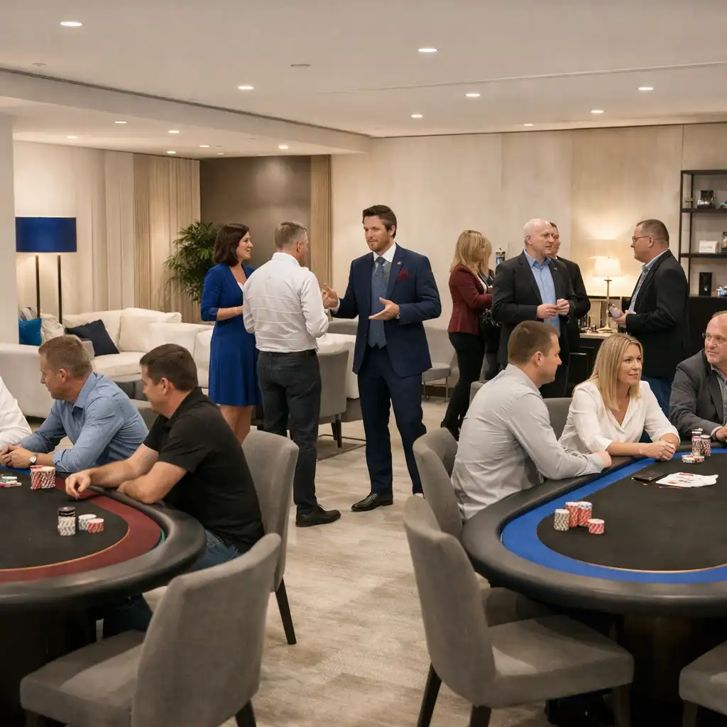 Jasna przestrzeń eventowa z gośćmi przy stołach pokerowych i w otwartej strefie card lounge