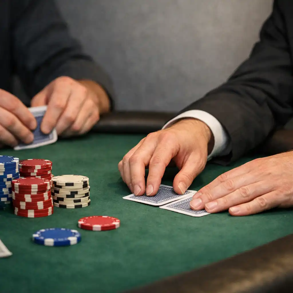 Dłonie uczestników, karty i kolorowe żetony na przygotowanym stole pokerowym