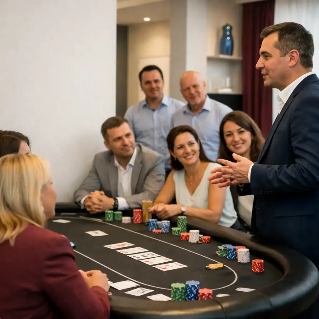 Goście rozmawiają przy fizycznym stole pokerowym, a prowadzący objaśnia aktywację podczas eventu