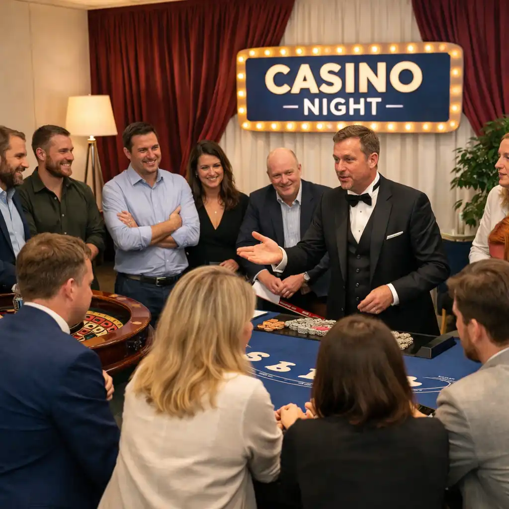 Uczestnicy firmowego Casino Night przy stołach z ruletką i blackjackiem