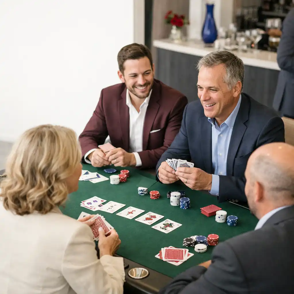 Uczestnicy wydarzenia rozmawiają przy card lounge z kartami i żetonami