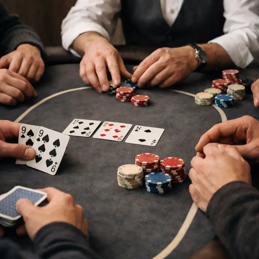 Dłonie uczestników i prowadzącego nad stołem offline poker
