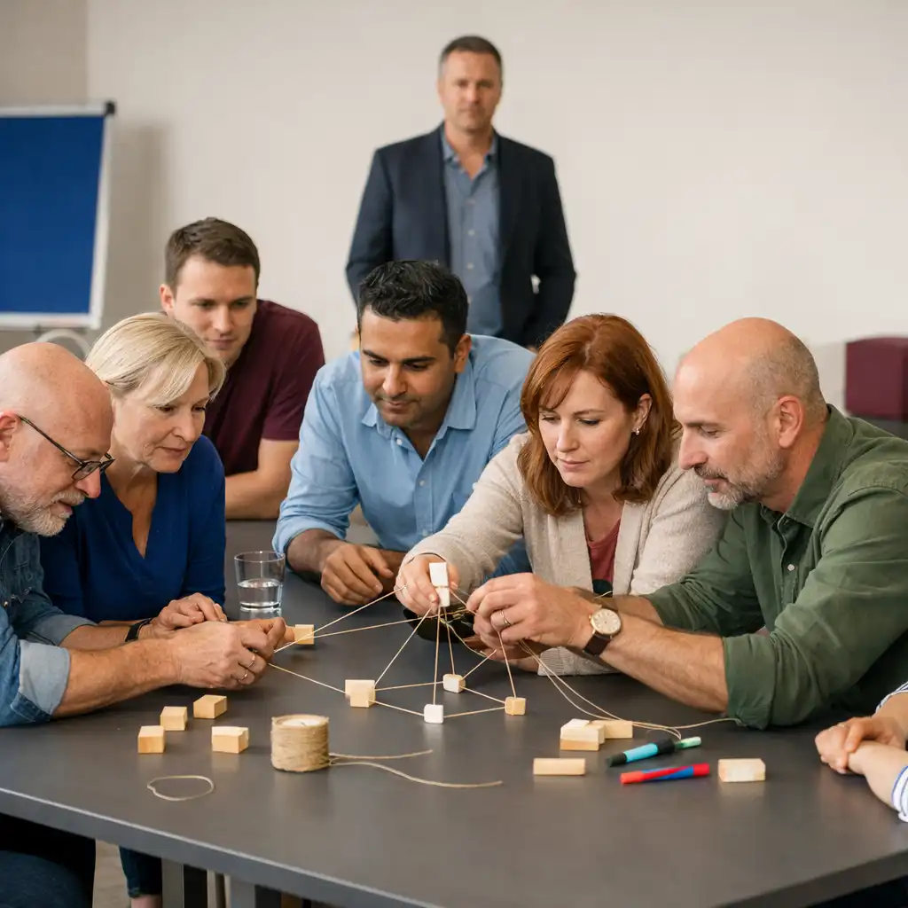 Grupa dorosłych uczestników współpracuje przy zadaniu podczas team buildingu