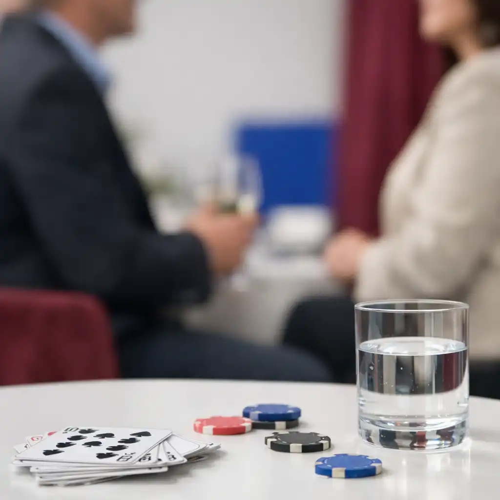 Detal stolika card lounge z kartami i żetonami podczas wydarzenia